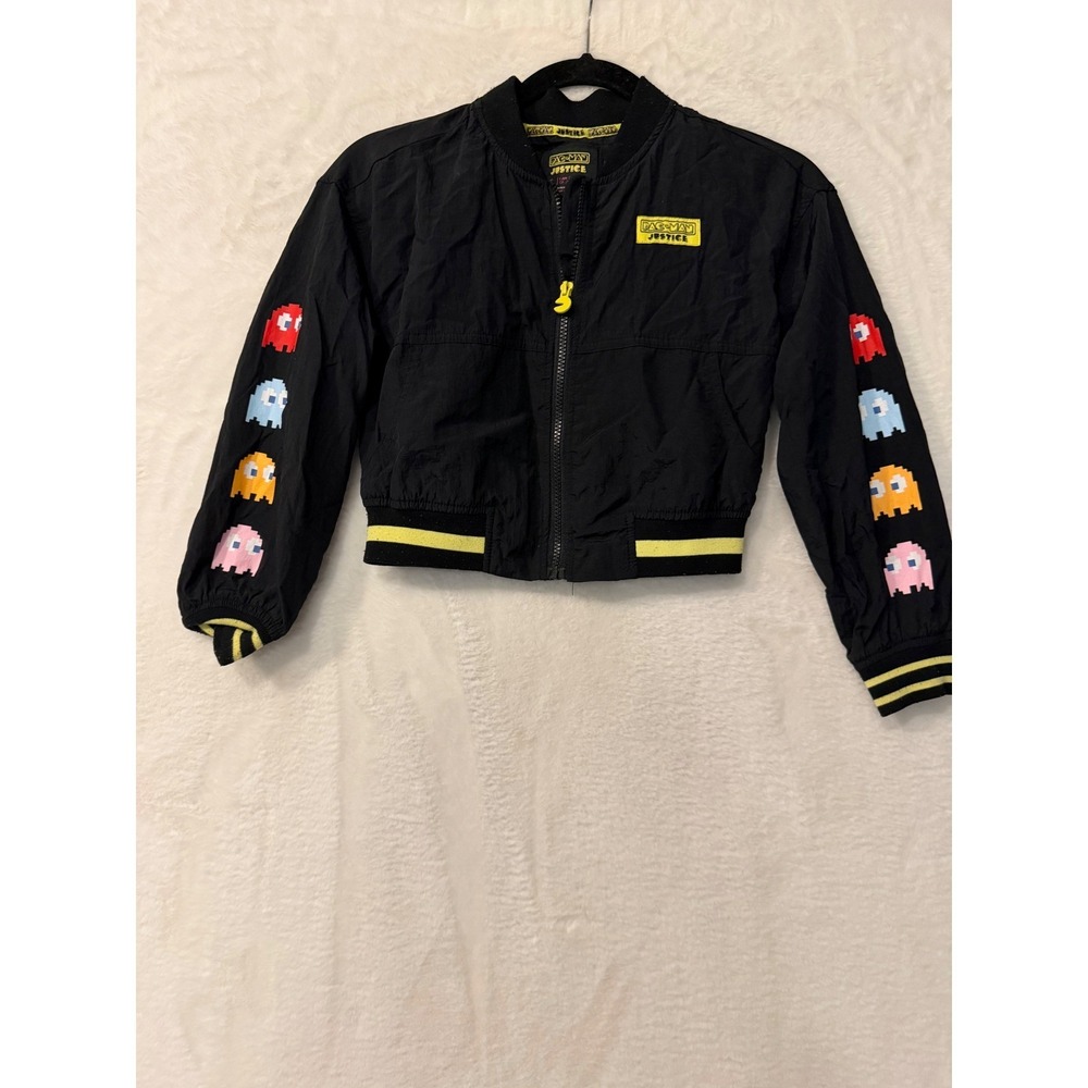 Justice Girls Pac-Man Bomber Jacket Black Nylon Full Zip Retro Gaming Small